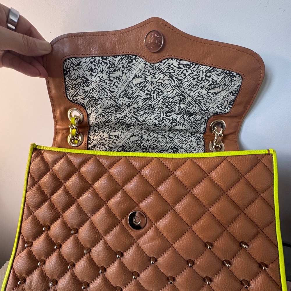 Rebecca Minkoff Quilted Tan Shoulder Bag with Neon Yellow Trim - Picture 7 of 9